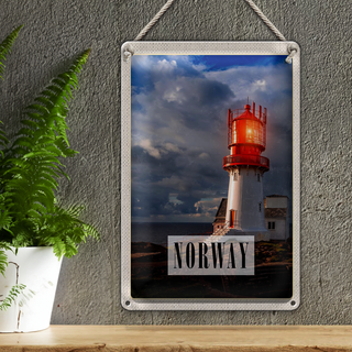 Blechschild Reise 20x30cm Norwegen Leuchtturm Gewitter Meer