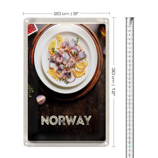 Blechschild Reise 20x30cm Norwegen Fischgerichte Zitrone Zwiebel