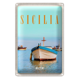 Blechschild Reise 20x30cm Sizilien Italien Boot Ufer Strand Meer