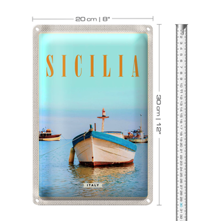 Blechschild Reise 20x30cm Sizilien Italien Boot Ufer Strand Meer