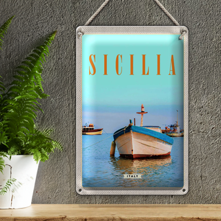 Blechschild Reise 20x30cm Sizilien Italien Boot Ufer Strand Meer