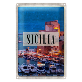 Blechschild Reise 20x30cm Sizilien Nacht Ausblick auf Ufer Boot