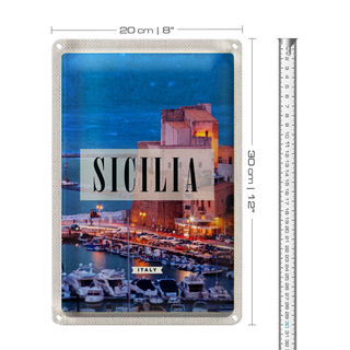 Blechschild Reise 20x30cm Sizilien Nacht Ausblick auf Ufer Boot