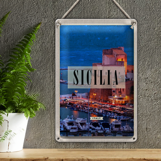 Blechschild Reise 20x30cm Sizilien Nacht Ausblick auf Ufer Boot
