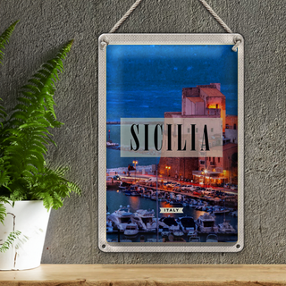 Blechschild Reise 20x30cm Sizilien Nacht Ausblick auf Ufer Boot