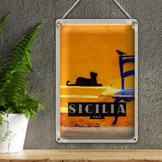 Blechschild Reise 20x30 Sizilien Italien malerisches Bild Katze