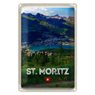 Blechschild Reise 20x30cm St. Moritz Schweiz Ausblick Panorama See Berge