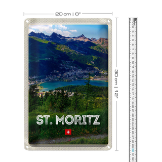 Blechschild Reise 20x30cm St. Moritz Schweiz Ausblick Panorama See Berge