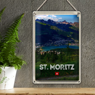 Blechschild Reise 20x30cm St. Moritz Schweiz Ausblick Panorama See Berge