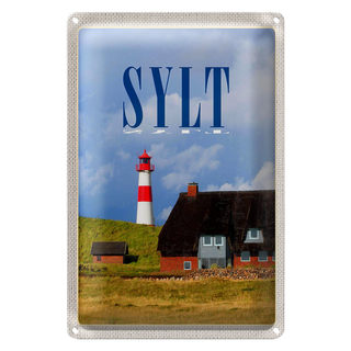 Blechschild Reise 20x30cm Sylt Häuser Dach aus Moos Leuchtturm