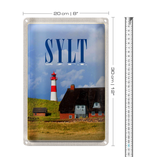 Blechschild Reise 20x30cm Sylt Häuser Dach aus Moos Leuchtturm
