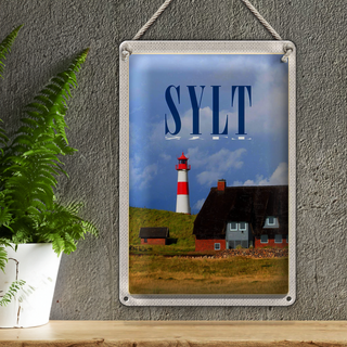 Blechschild Reise 20x30cm Sylt Häuser Dach aus Moos Leuchtturm