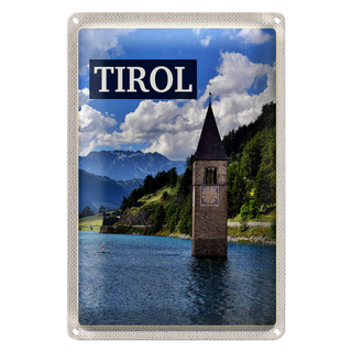 Blechschild Reise 20x30cm Tirol Österreich Kirchturm im Wasser