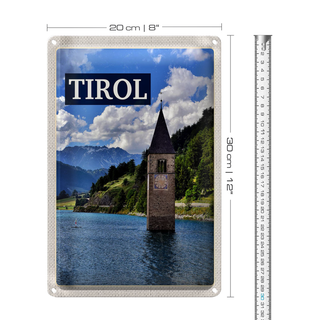 Blechschild Reise 20x30cm Tirol Österreich Kirchturm im Wasser
