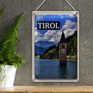 Blechschild Reise 20x30cm Tirol Österreich Kirchturm im Wasser