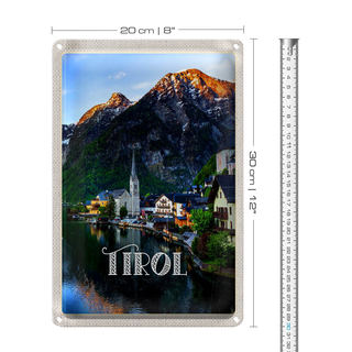 Blechschild Reise 20x30cm Tirol Stadt am Wasser Gebirge