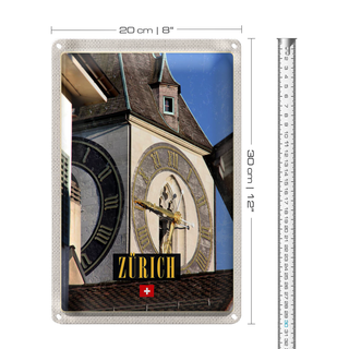 Blechschild Reise 20x30cm Zürich Kirchenuhr Gold Architektur