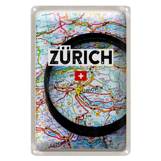 Blechschild Reise 20x30cm Zürich Schweiz Karte Lupe Stadt