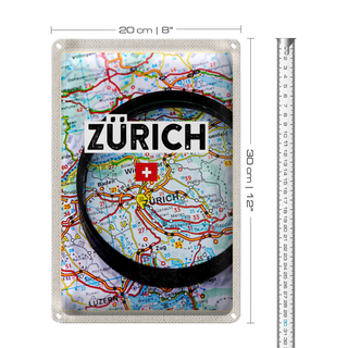 Blechschild Reise 20x30cm Zürich Schweiz Karte Lupe Stadt