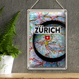 Blechschild Reise 20x30cm Zürich Schweiz Karte Lupe Stadt