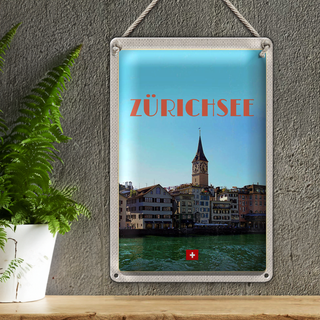 Blechschild Reise 20x30cm Zürich Schweiz Ausblick See auf Stadt