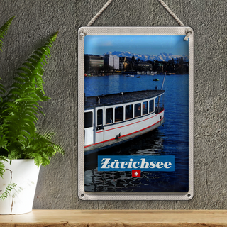 Blechschild Reise 20x30cm Zürich Schiff Boot See Stadt Gebirge