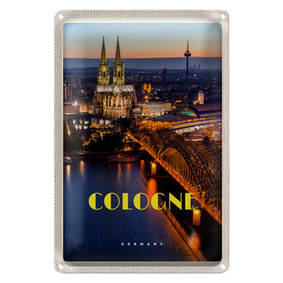 Blechschild Reise 20x30cm Köln Stadt Abend Aussicht Brücke Dom