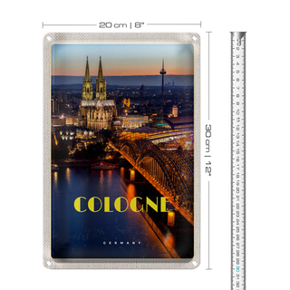 Blechschild Reise 20x30cm Köln Stadt Abend Aussicht Brücke Dom