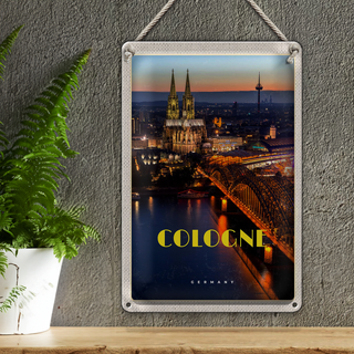 Blechschild Reise 20x30cm Köln Stadt Abend Aussicht Brücke Dom