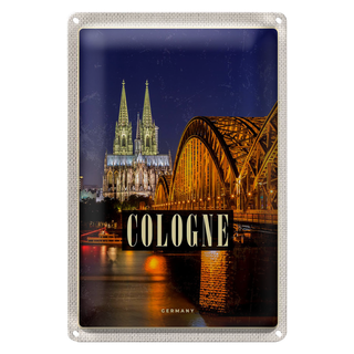 Blechschild Reise 20x30cm Köln Brücke Stadt Dom Abend Lichter