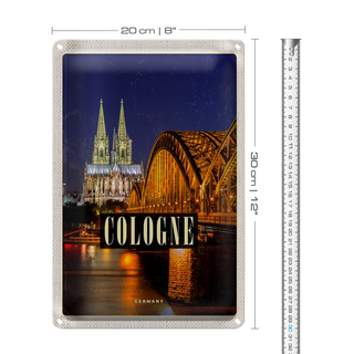 Blechschild Reise 20x30cm Köln Brücke Stadt Dom Abend Lichter