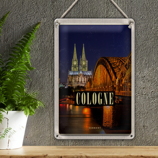 Blechschild Reise 20x30cm Köln Brücke Stadt Dom Abend Lichter