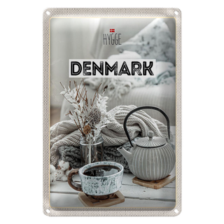 Blechschild Reise 20x30cm Dänemark weiß Teekanne gemütlich Decke