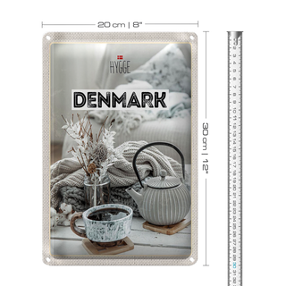 Blechschild Reise 20x30cm Dänemark weiß Teekanne gemütlich Decke