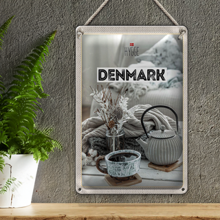 Blechschild Reise 20x30cm Dänemark weiß Teekanne gemütlich Decke