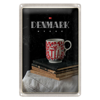 Blechschild Reise 20x30cm Dänemark Teetasse Bücher Tischdecke