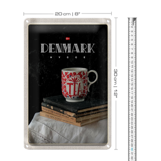 Blechschild Reise 20x30cm Dänemark Teetasse Bücher Tischdecke