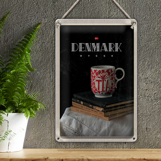 Blechschild Reise 20x30cm Dänemark Teetasse Bücher Tischdecke