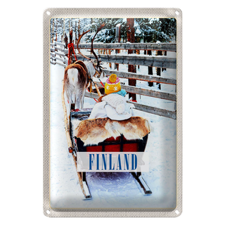 Blechschild Reise 20x30cm Finnland Schnee Kind Hirsch Schlitten