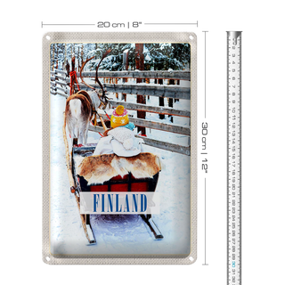 Blechschild Reise 20x30cm Finnland Schnee Kind Hirsch Schlitten