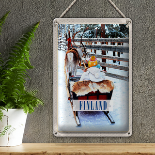 Blechschild Reise 20x30cm Finnland Schnee Kind Hirsch Schlitten