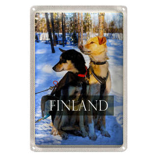 Blechschild Reise 20x30cm Finnland Schnee Winterzeit Wald Hunde