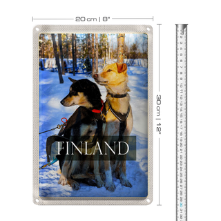 Blechschild Reise 20x30cm Finnland Schnee Winterzeit Wald Hunde