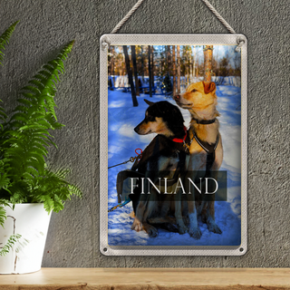 Blechschild Reise 20x30cm Finnland Schnee Winterzeit Wald Hunde
