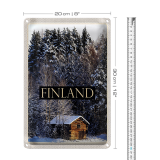 Blechschild Reise 20x30cm Finnland Haus Schnee Wald Winterzeit