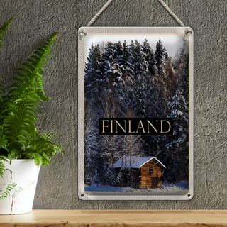 Blechschild Reise 20x30cm Finnland Haus Schnee Wald Winterzeit