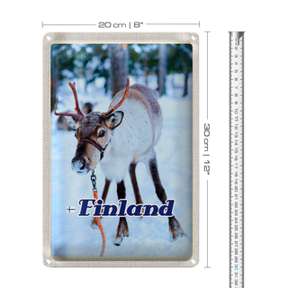 Blechschild Reise 20x30cm Finnland Hirsch Wald kalt Schnee