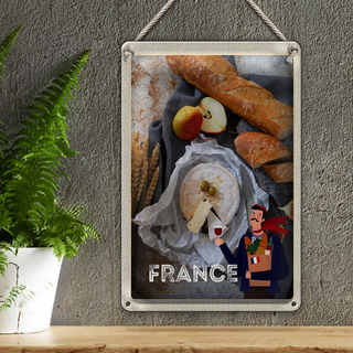 Blechschild Reise 20x30cm Frankreich Baguette Käse Birne Olive