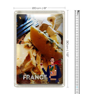 Blechschild Reise 20x30cm Frankreich Käsesorten Wein Baguette
