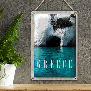 Blechschild Reise 20x30cm Greece Meer Strand Stein Höhle Urlaub